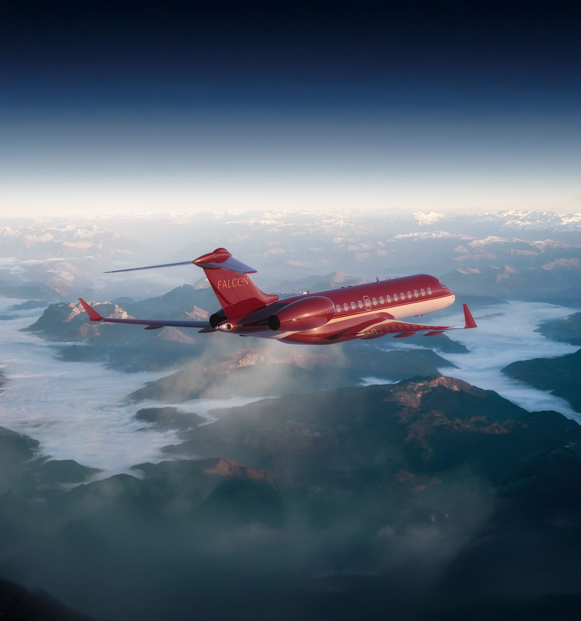 A deep red Falcon business jet in flight above mountains and cloud