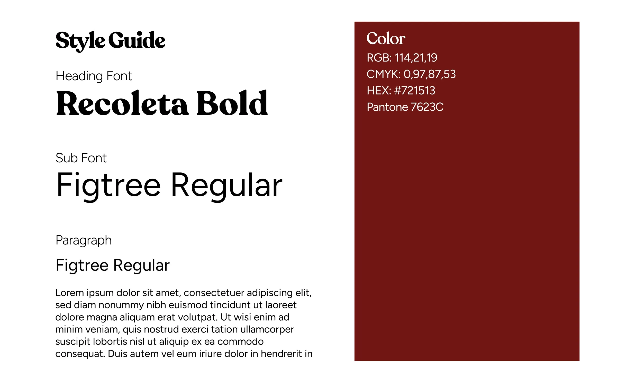 Redinc style guide page: Recoleta Bold as the heading font, Figtree Regular for sub headings and paragraphs, and a burgundy swatch listing RGB 114,21,19, CMYK 0,97,87,53, HEX #721513 and Pantone 7623C