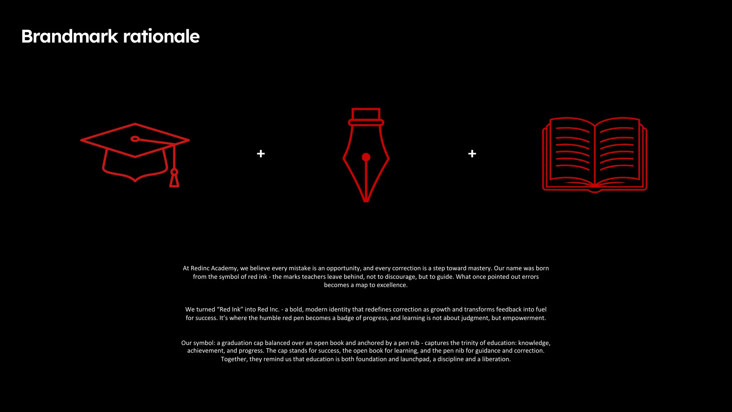 Slide from the September 2025 identity deck: three red line icons on black, a graduation cap, a pen nib and an open book, joined by plus signs, with the brandmark rationale text set beneath them