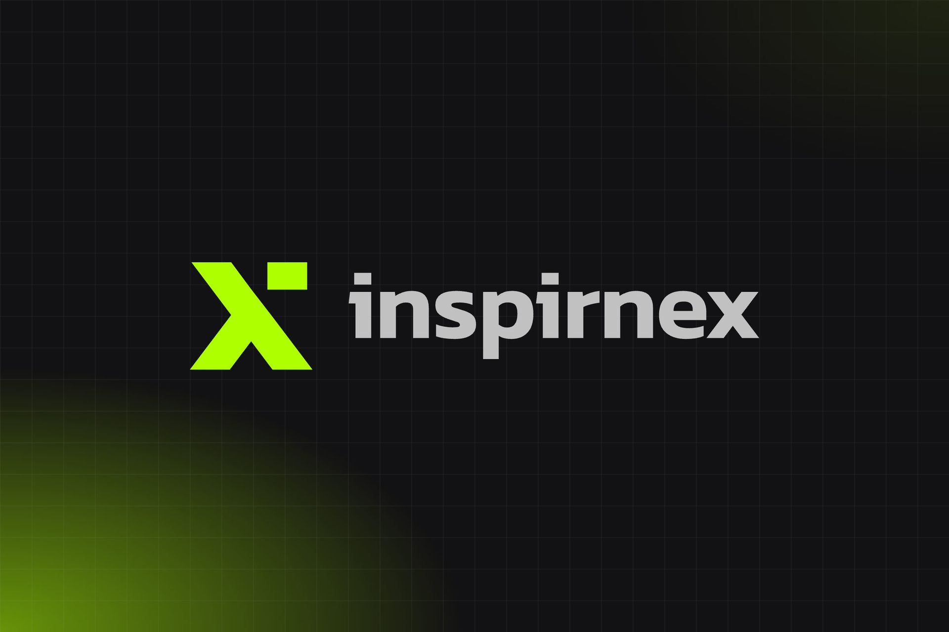 The Inspirnex lockup, a lime iX mark beside the grey lowercase wordmark, on a near-black ground with a faint grid and a lime glow in the bottom left corner