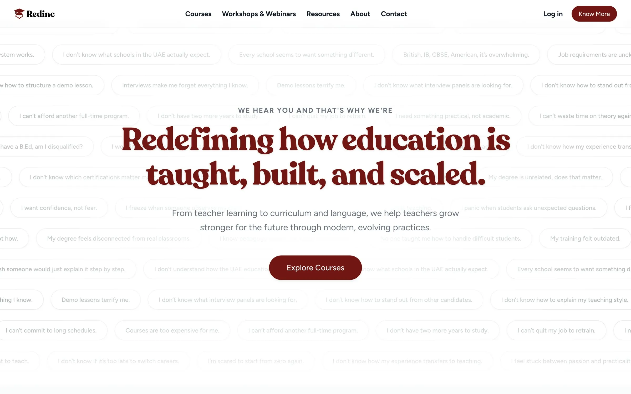 Home page of redinc.academy: the headline Redefining how education is taught, built, and scaled in burgundy Recoleta over faint rows of teacher worries such as Demo lessons terrify me, with an Explore Courses button beneath