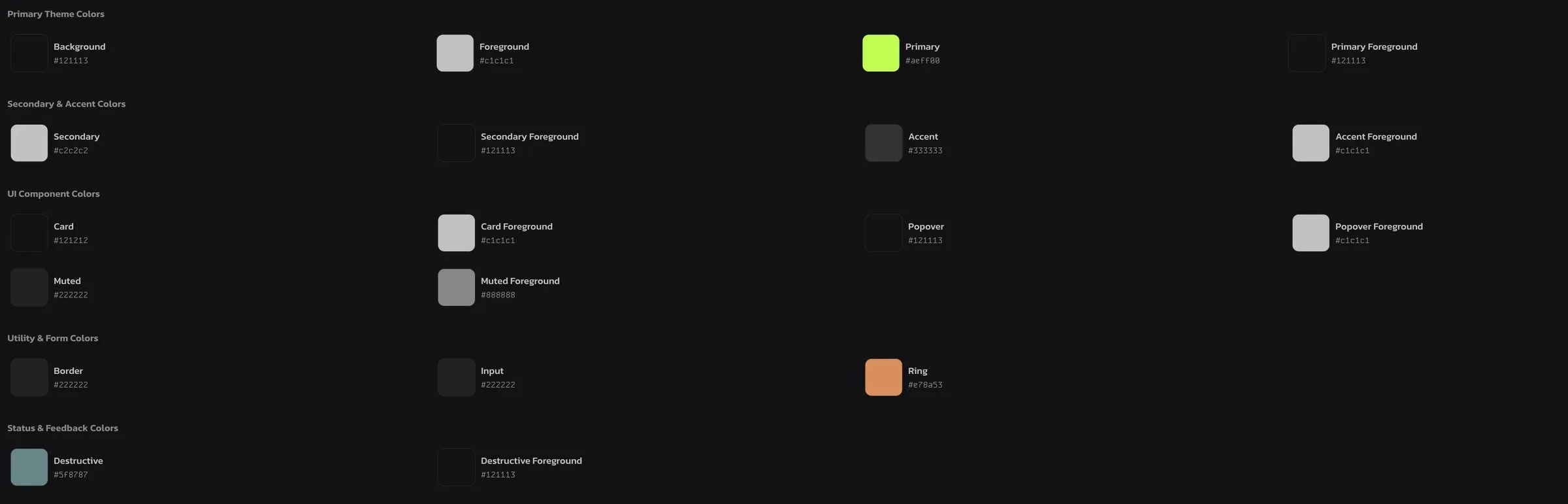 The dark-mode colour sheet for the 2026 brand: background #121113, foreground #c1c1c1, primary #aeff00, secondary #c2c2c2, accent #333333, card #121212, muted #222222, muted foreground #888888, border and input #222222, ring #e78a53, destructive #5f8787.