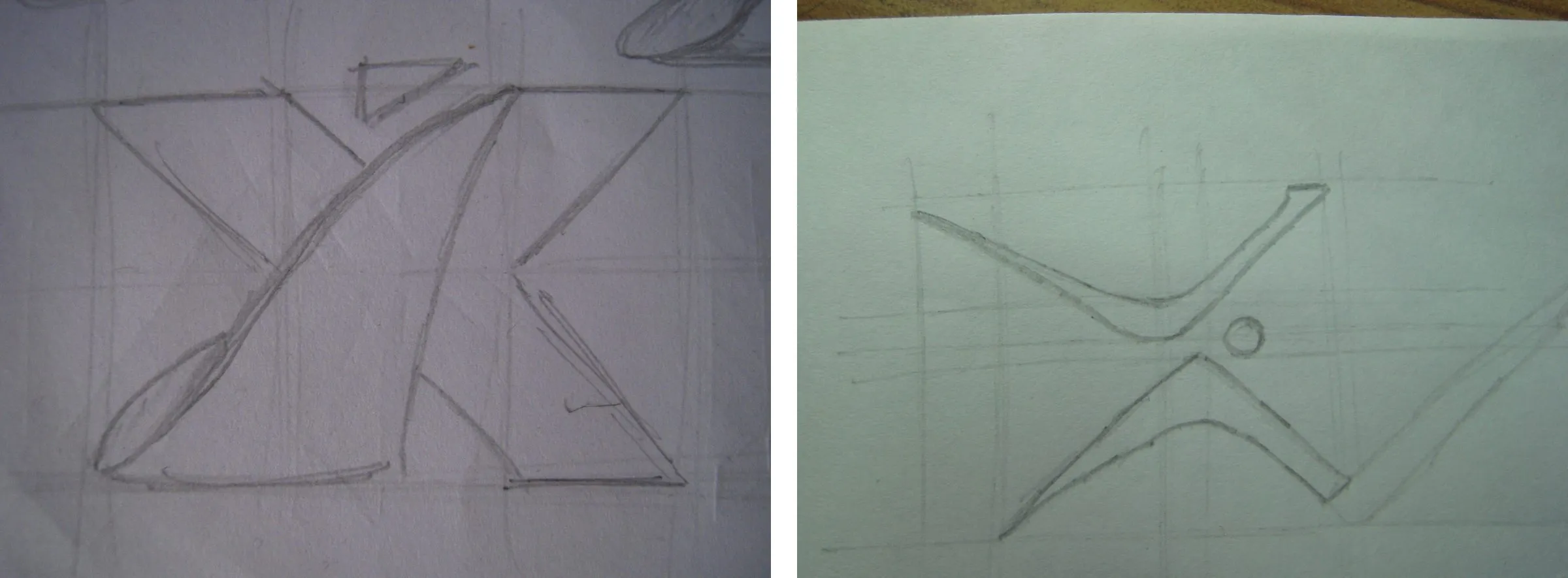 Two pencil sketches on paper. Left, a December 2012 X drawn over a pencil grid with a small detached triangle at the top right. Right, a February 2013 X with a circle floating above its centre.