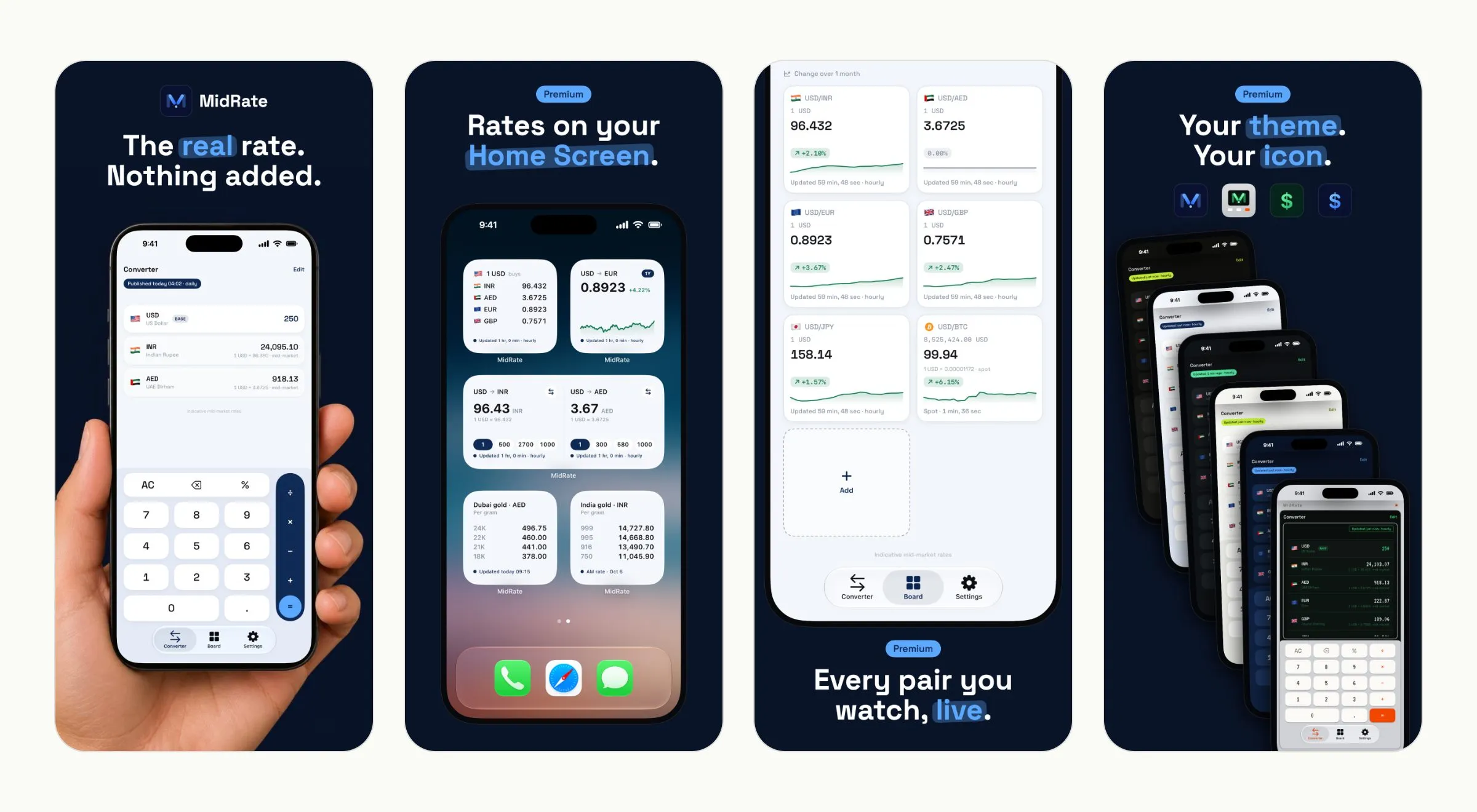 Four App Store screenshots shot on the phone: the Converter with The real rate, nothing added; the Home Screen widgets; the Board; and the four themes fanned out with their icons